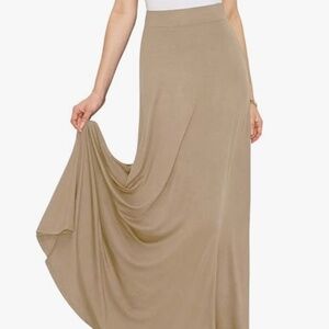 New Women’s Maxi Skirt A-Line Wide Elastic Waistband Extra Long Flare Taupe XS